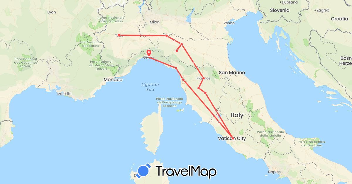 TravelMap itinerary: train, hiking in Italy (Europe)
